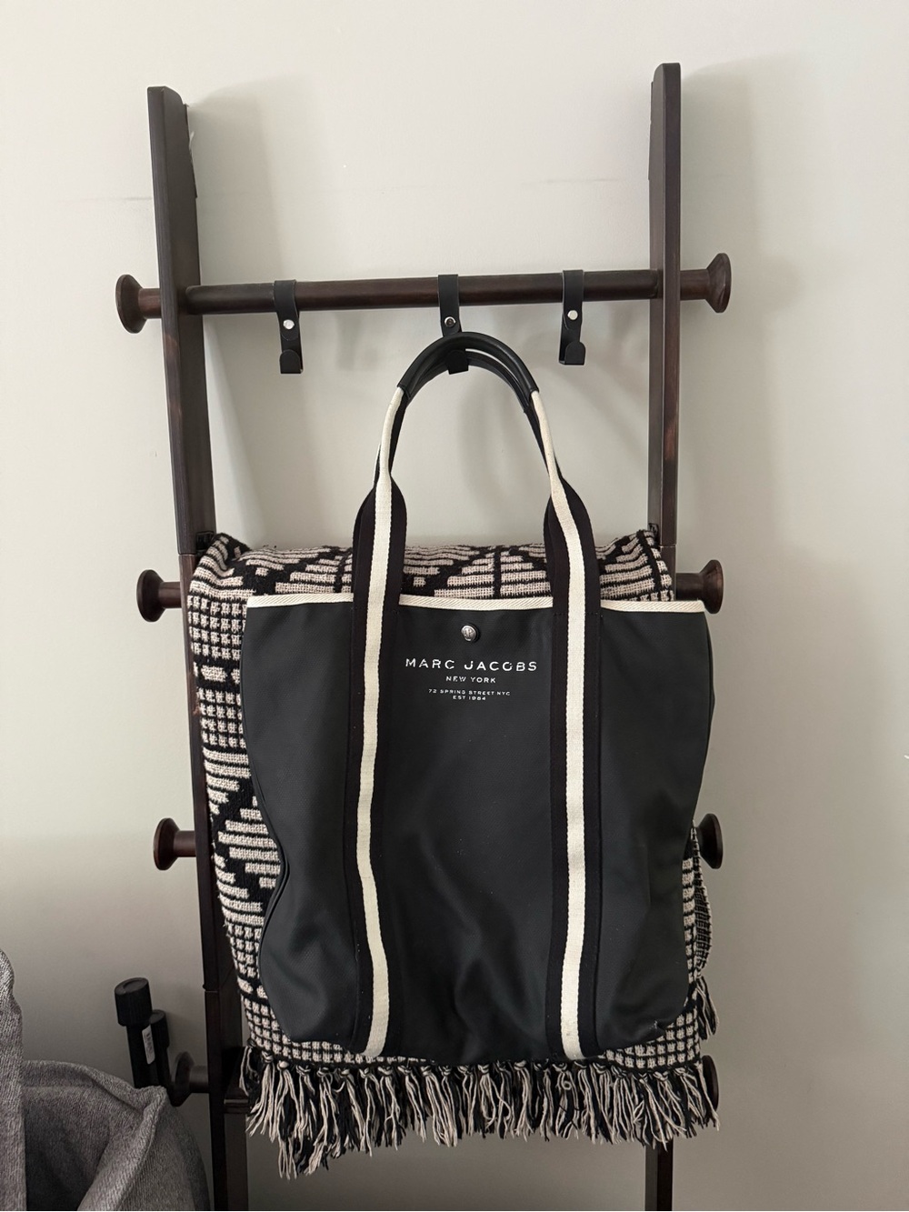 Marc Jacobs Black Canvas Tote with Ivory Trimmed Handles